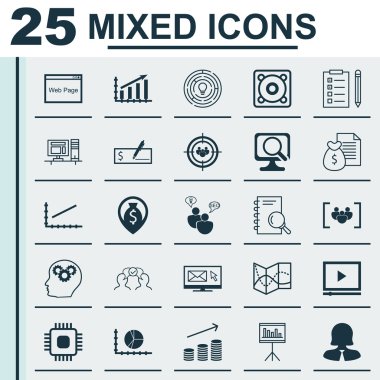 Focus Grubu, Para Navigasyon, Video Oynatıcı Ve Daha Fazla Konu Üzerine 25 Evrensel Simgeler Ayarlayın. Dizüstü Bilgisayar, Yenilik, Anket Simgeleri Dahil Vektör Simge Seti.