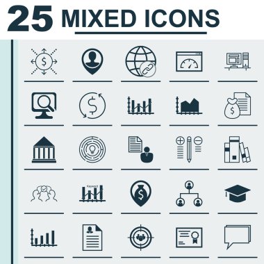 Sertifika, Çalışan Konumu, Yenilik Ve Daha Fazla Konu Üzerine 25 Evrensel Simge ler Ayarlayın. Laptop Dahil Vektör Simge Seti, Para Navigasyon, Kadın Uygulama Simgeleri.