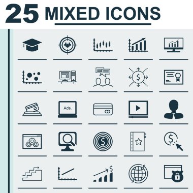 Bilgisayar, Odak Grubu, Mezuniyet Ve Daha Fazla Konu Üzerine 25 Evrensel Simgeler Ayarlayın. Ppc, Para, Plastik Kart Simgeleri Dahil Vektör Simge Seti.