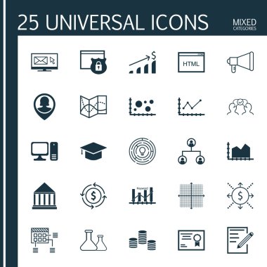 Sertifika, Zamanlama, Karşılaştırma ve Diğer Konular Üzerine 25 Evrensel Simgeler Ayarlayın. Anahtar Kelime Optimizasyonu, Grafik Izgara, Sıra Grafik Simgeleri Dahil Vektör Simge Seti.