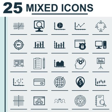 Sunum, Para Navigasyon, Borsa Ve Daha Fazla Konu Üzerine 25 Evrensel Simgeler Set. Sıra grafik, Daire Grafiği, Laptop Simgeleri dahil Vektör Simge Seti.