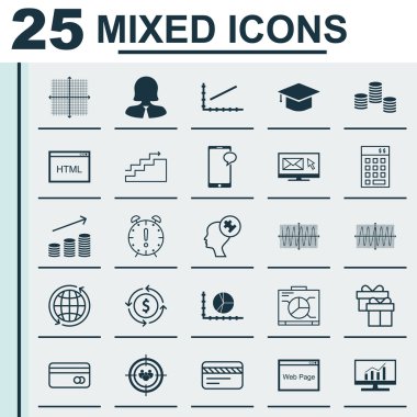 Set 25 Evrensel Simgeler Pazar Araştırması, Line Up, Yatırım Ve Daha Fazla Konu. Zaman Yönetimi, Sinüs Grafiği, Mevcut Simgeler Dahil Vektör Simge Seti.