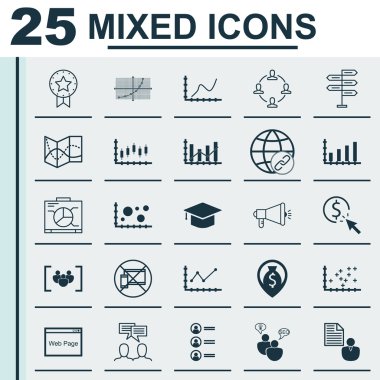 Medya Kampanyası, Yükseltme Diyagramı, Mevcut Rozet ve Diğer Konular Üzerine 25 Evrensel Simge ler Ayarlayın. Rapor, Tartışma, Pano Simgeleri Dahil Vektör Simge Seti.