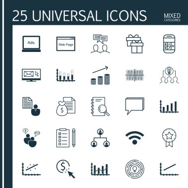 Analitik, Rapor, Analiz ve Diğer Konular Hakkında 25 Evrensel Simge ler Ayarlayın. Tartışma, Kablosuz, Web Sitesi Simgeleri Dahil Vektör Simge Seti.
