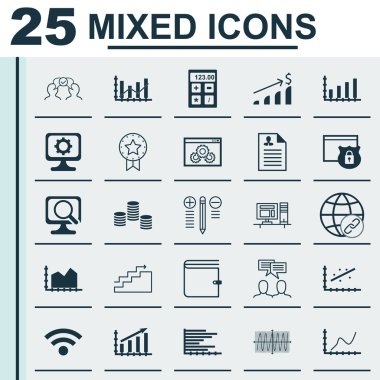 Yükseltme Diyagramı, Cosinus Diyagramı, Kablosuz Ve Daha Fazla Konu Üzerine 25 Evrensel Simge ler Ayarlayın. Cüzdan Dahil Vektör Simge Seti, Cosinus Diyagramı, Laptop Simgeleri.