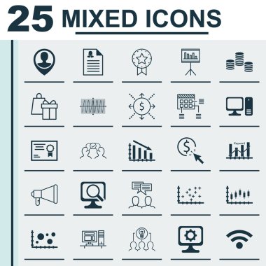 Set 25 Evrensel Simgeler On Laptop, Duyuru, Karşılaştırma Ve Daha Fazla Konu. Vektör Simge Seti Dahil Çizelge, İşbirlikçi Çözüm, Duyuru Simgeleri.