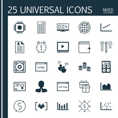 Set 25 Evrensel Simgeler Para, Bülten, Para Ve Daha Fazla Konular. Vektör Simge Seti Dahil Chip, Video Player, Sıragrafik Simgeleri.