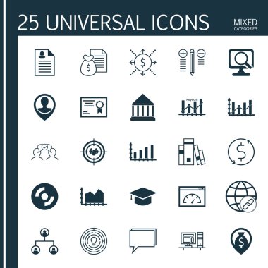 Çalışan Konumu, Bağlantı, Eğitim Merkezi Ve Diğer Konular Hakkında 25 Evrensel Simgeler Ayarlayın. Konferans, Kütüphane, Dinamik Simgeleri Dahil Vektör Simge Seti.