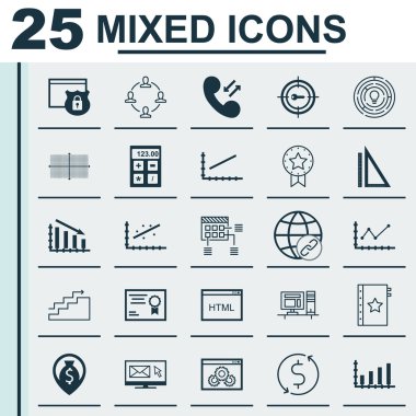 Kodlama, Mevcut Rozet, İşbirliği Ve Daha Fazla Konu Üzerine 25 Evrensel Simge ler Kümesi. Sertifika, Büyüme, Web Sitesi Performans Simgeleri Dahil Vektör Simge Seti.