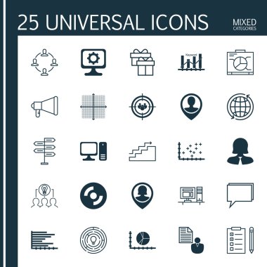 Grafik Izgara, Daire Grafiği, Çubuklar Grafiği ve Daha Fazla Konu Üzerine 25 Evrensel Simge ler Ayarlayın. Vektör Simge Seti Dahil Dünya, Konferans, Anahtar Kelime Optimizasyonu Simgeleri.