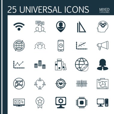Gemide 25 Evrensel Simgeler, Ölçüm, Pc Ve Diğer Konular Ayarlayın. Mevcut Rozet, Arama Süresi, Bülten Simgeleri Dahil Vektör Simge Seti.