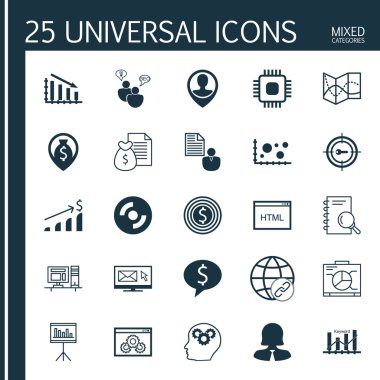 Çalışan Konumu, Para Navigasyon, Kodlama ve Daha Fazla Konu Üzerine 25 Evrensel Simgeler Ayarlayın. Vektör Simge Seti Dahil Web Sitesi Performansı, Karşılaştırma, Chip Simgeleri.