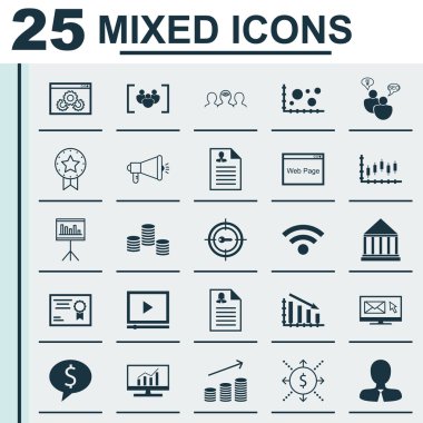 Set Of 25 Universal Icons On Newsletter, Money, Certificate And More Topics. Vector Icon Set Including Business Deal, Stock Market, Fail Graph Icons.