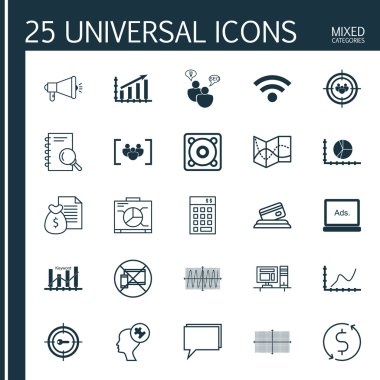 Gemide 25 Evrensel Simgeler, Yasak Mobil, Başarı Grafiği Ve Daha Fazla Konu Set. İnsan Aklı, Başarı Grafiği, Pano Simgeleri Dahil Vektör Simge Seti.