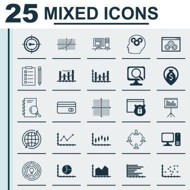 25 Evrensel Simge Güvenlik, Masaüstü Bilgisayarı, Analiz ve daha fazlası. Plastik Kart, Analiz, Çember Grafik Simgeleri dahil Vektör Simgesi Seti.