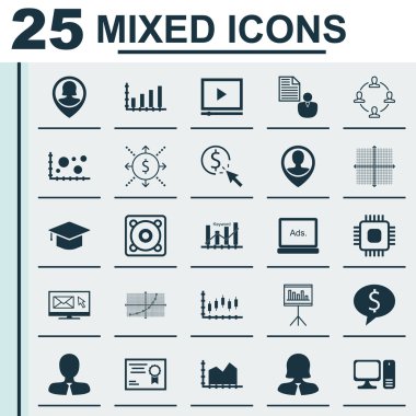 Mezuniyet, Dinamikler, Yönetici Ve Diğer Konular Üzerine 25 Evrensel Simgeler Set. Rapor, Mezuniyet, Yönetici Simgeleri Dahil Vektör Simge Seti.