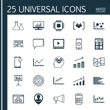 Chip, Hesaplama, Kimyasal Ve Daha Fazla Konu Üzerine 25 Evrensel Simgeler Ayarlayın. Beyin İşlemi, Çalışan Konumu, Konferans Simgeleri Dahil Vektör Simge Seti.
