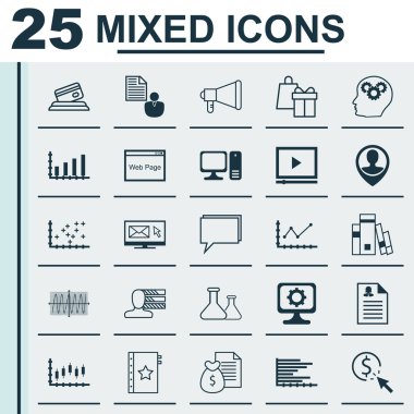 Set 25 Evrensel Simgeler Kadın Uygulama, Kütüphane, Barlar Grafik Ve Daha Fazla Konu. Beyin Süreci, Kredi Kartı, Çizim Diyagramı Simgeleri Dahil Vektör Simge Seti.