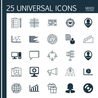 Bilgisayar, Odak Grubu, Çubuklar Grafik Ve Daha Fazla Konu Üzerinde 25 Evrensel Simgeler Ayarlayın. Anons Dahil Vektör Simge Seti, Kar Grafiği, Çizim Diyagramı Simgeleri.
