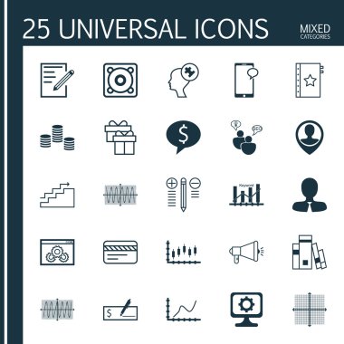 Medya Kampanyası, Banka Ödemesi, Başarı Grafiği ve Diğer Konular Üzerine 25 Evrensel Simge Seti. Pc, Müzik, Banka Ödeme Simgeleri Dahil Vektör Simge Seti.