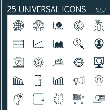 Mesajlaşma, Zamanlama, Para Birimi Geri Dönüşümü ve Diğer Konular Üzerine 25 Evrensel Simge ler Ayarlayın. Sıra grafik, Line Up, Para Birimi Geri Dönüşüm Simgeleri dahil Vektör Simge Seti.