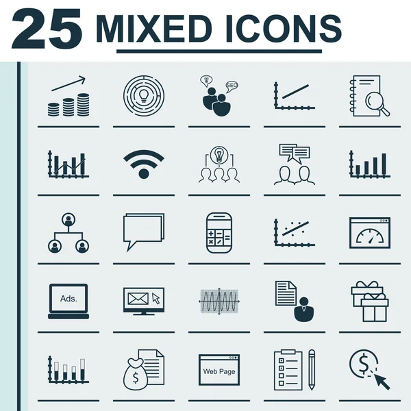 Set 25 Evrensel Simgeler Mevcut, İşbirlikçi Çözüm, Tartışma Ve Daha Fazla Konu. Vektör Simge Seti Dahil Rapor, Line Up, Madeni Para Büyüme Simgeleri.