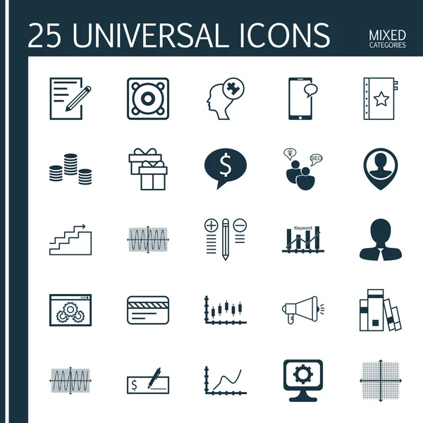 Medya Kampanyası, Banka Ödemesi, Başarı Grafiği ve Diğer Konular Üzerine 25 Evrensel Simge Seti. Pc, Müzik, Banka Ödeme Simgeleri Dahil Vektör Simge Seti.