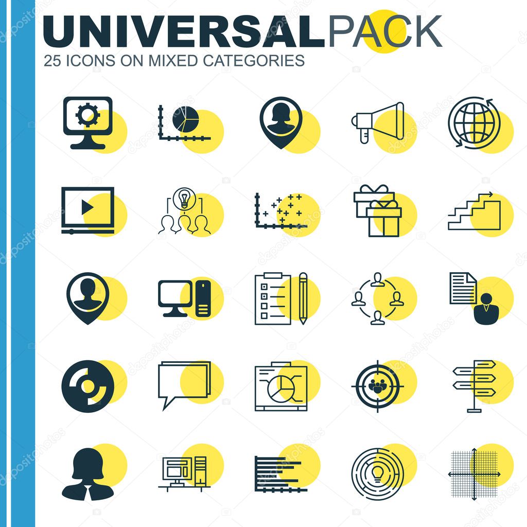 Set Of 25 Universal Icons On Employee Location, Desktop Computer, Focus Group And More Topics. Vector Icon Set Including Opportunity, Bars Chart, World Icons.