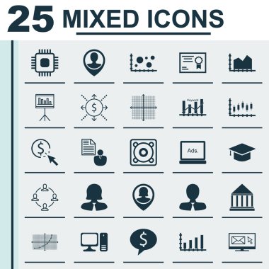25 Evrensel Simge Raporu, Dinamik, İş Kadını ve daha fazlası. Para, Çip, Yönetici Simgeleri içeren Vektör Simgesi Seti.