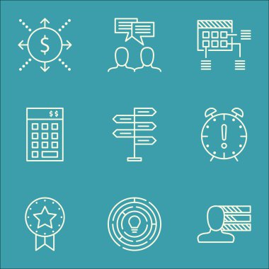 Proje Yönetimi simgeler mevcut rozet, zamanlama ve zaman yönetimi konuları kümesi. Düzenlenebilir vektör çizim. Karar, proje ve yatırım vektör simgeler içerir.