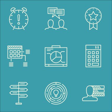 Tartışma, fırsat ve zamanlama konularda proje yönetimi simgeler kümesi. Düzenlenebilir vektör çizim. Rozet, verme ve planı içerir vektör simgeleri.