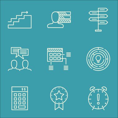 Kişisel becerileri, zamanlama ve mevcut rozet konularda proje yönetimi simgeler kümesi. Düzenlenebilir vektör çizim. Beyin fırtınası, Tarih ve bütçe vektör simgeler içerir.