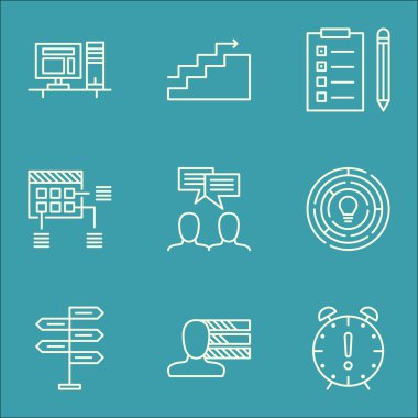 Yenilik, bilgisayar ve büyüme konularda proje yönetimi simgeler kümesi. Düzenlenebilir vektör çizim. Office, görev ve hedef vektör simgeler içerir.