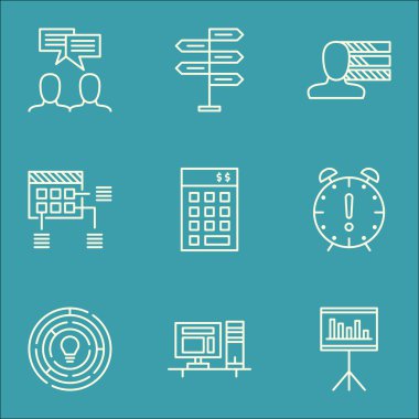 Sunum, yenilik ve bilgisayar konularda proje yönetimi simgeler kümesi. Düzenlenebilir vektör çizim. Takım, istatistikler ve becerileri vektör simgeler içerir.