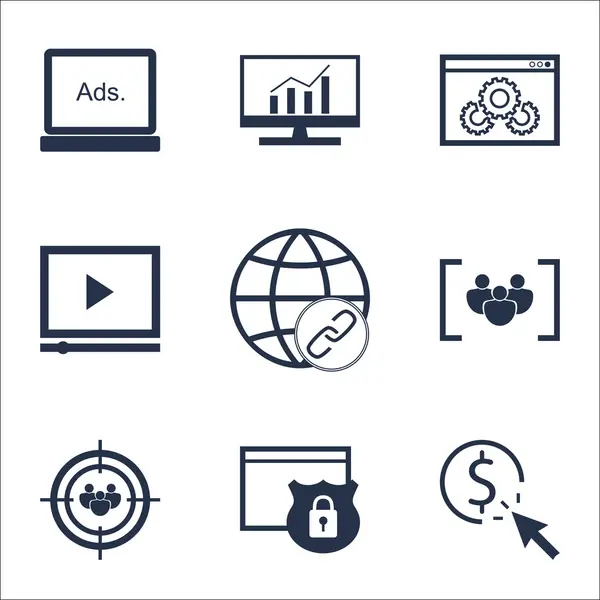 Set Of Marketing Icons On Connectivity, Market Research And Video Player Topics. Editable Vector Illustration. Includes Protected, Link And Performance Vector Icons. — Stock vektor