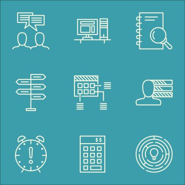 Bilgisayar, Yatırım Ve Tartışma Konuları Proje Yönetimi Simgeleri Ayarlayın. Değiştirilebilir Vektör Çizimi. Kişisel, Son Tarih ve Beyin Fırtınası Vektör Simgeleri içerir.