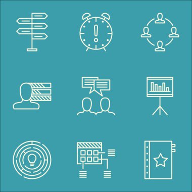 İşbirliği, Zaman Yönetimi ve Zamanlama Konuları Üzerine Proje Yönetimi Simgeleri Ayarlayın. Değiştirilebilir Vektör Çizimi. Beyin Fırtınası, İstatistik ve Vektör Simgeleri Yapma Içerir.