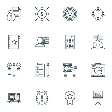 Rapor, sunum ve işbirliği konuları üzerinde proje yönetimi simgeler kümesi. Düzenlenebilir vektör çizim. Proje, şu içerir ve karar vektör simgeler.