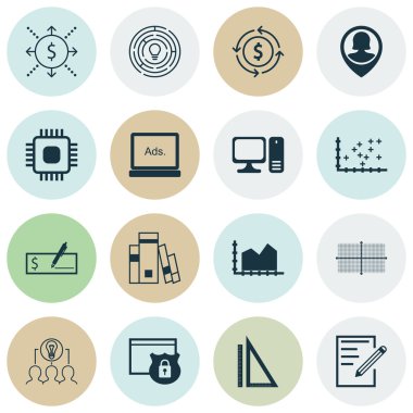 16 evrensel düzenlenebilir simgelerin seyahat, Seo ve iş yönetimi konuları için ayarlayın. Chip, banka ödeme, arsa diyagramı gibi simgeleri ve daha fazlasını içerir.