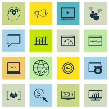 Bağlantı, anahtar kelime optimizasyonu ve Ppc konular üzerindeki simgeleri pazarlama kümesi. Düzenlenebilir vektör çizim. Bina, sıralama ve Web sitesi vektör simgeleri içerir.