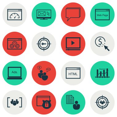 Web sitesi performansı üzerinde Seo simgeler kümesi kodlama ve konferans konular. Düzenlenebilir vektör çizim. Hedef, tarayıcı ve en iyi duruma getirme vektör simgeler içerir.