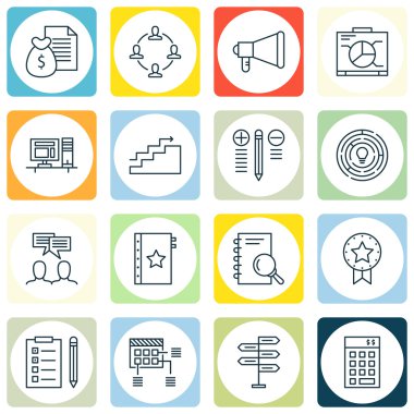 Zamanlama, duyuru ve mevcut rozet konularda proje yönetimi simgeler kümesi. Düzenlenebilir vektör çizim. Sunu, içeren simgeler vektör analizi ve araştırma.