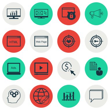 Set 16 Evrensel Editable Simgeler Pazarlama, Reklam ve Seo Konular için. Rapor, Güvenlik, Konferans ve Daha Fazlası Gibi Simgeleri Içerir.