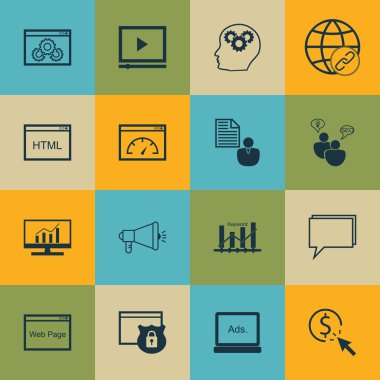 Web Sitesi Performansı, Rapor Ve Beyin Süreci Konular Pazarlama Simgeleri Ayarlayın. Değiştirilebilir Vektör Çizimi. Pazarlama, İstemci Ve Anahtar Kelime Vektör Simgeleri içerir.