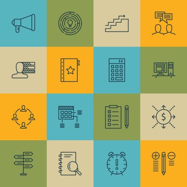 Tartışma, Para ve Hatırlatma Konular Proje Yönetimi Simgeleri Ayarlayın. Değiştirilebilir Vektör Çizimi. Grafik, Sağ ve İşbirliği Vektör Simgeleri içerir.