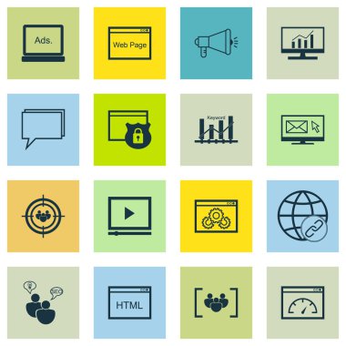 Güvenlik, Yükleme Hızı ve Dijital Medya Konuları Üzerine Seo Simgeleri Ayarlayın. Değiştirilebilir Vektör Çizimi. Bulding, Odak ve Sıralama Vektör Simgeleri içerir.