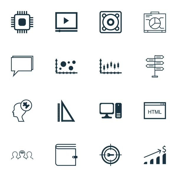 Conjunto de 16 iconos editables universales para la gestión de proyectos, recursos humanos y temas educativos. Incluye iconos como reproductor de video, comercialización de palabras clave, mercado de valores y más . — Vector de stock