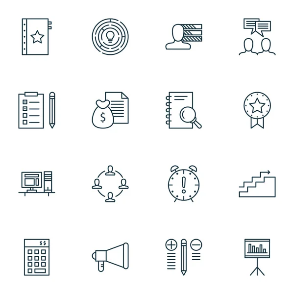 Conjunto de iconos de gestión de proyectos en temas de garantía, colaboración y recordatorio. Ilustración vectorial editable. Incluye Anuncio, Meta e Ingresos Vector Iconos . — Vector de stock