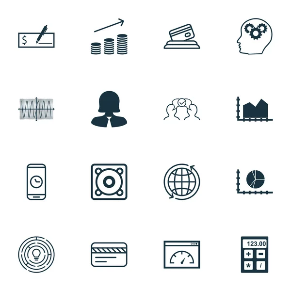 Conjunto de 16 iconos editables universales para el aeropuerto, Hardware informático y temas de gestión de proyectos. Incluye iconos como la duración de la llamada, financiera, Sinus Graph y más . — Vector de stock