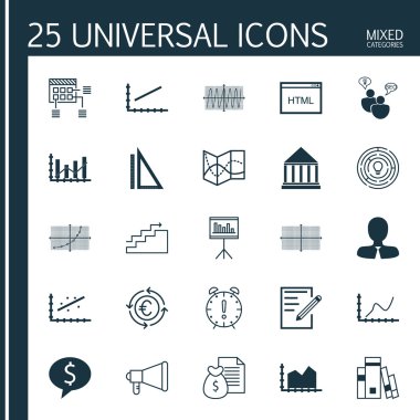 Proje Yönetimi, Reklam cılık ve Seyahat Konuları için 25 Evrensel Editable Simgeler Ayarlayın. Yönetici, Kare Diyagram, Eğitim Merkezi Ve Daha Fazlası Gibi Simgeleri Içerir.